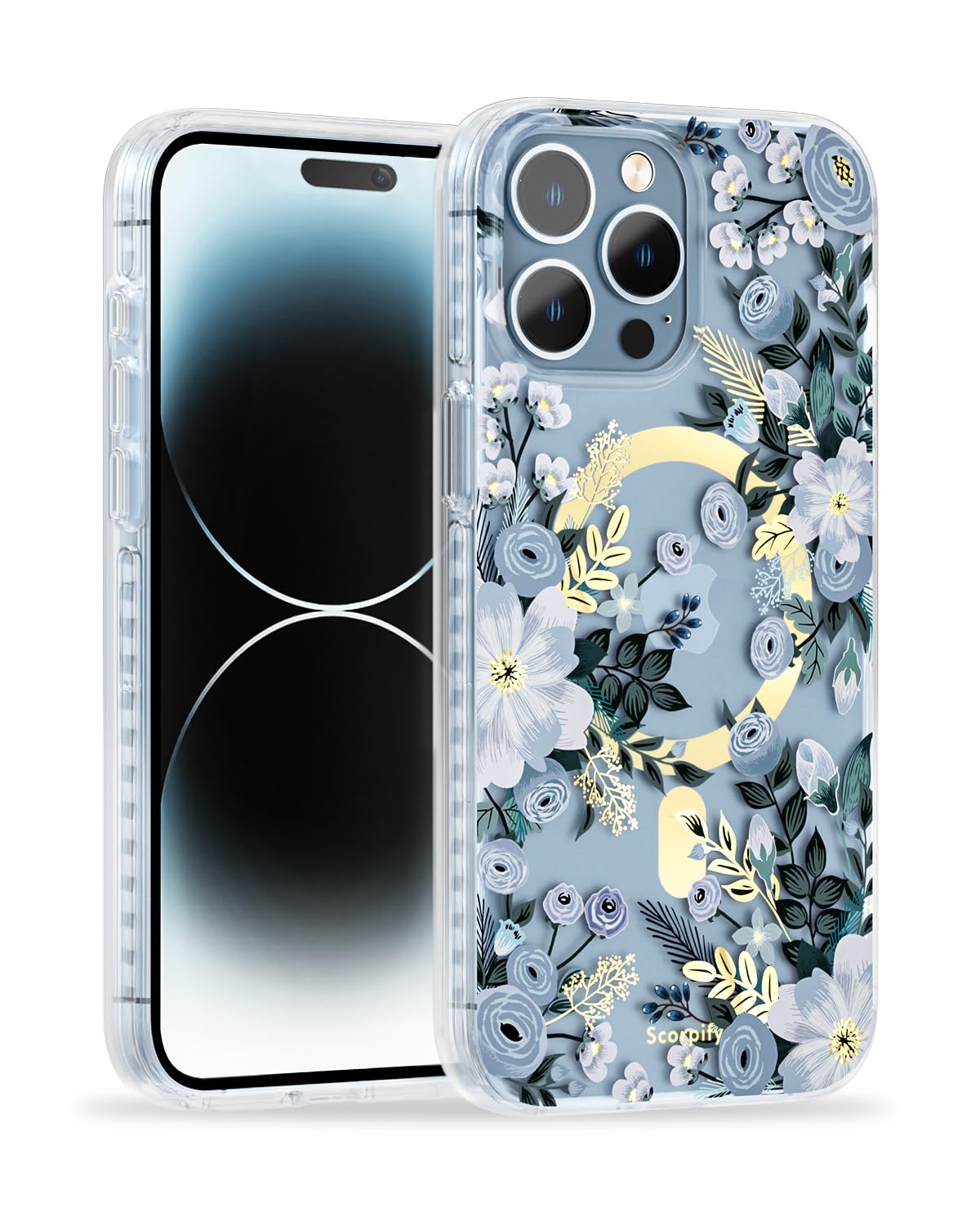 SCORPIFY for iPhone 15 Pro Case for Blue Nemophila Floral Design [Compatible with MagSafe], Cute Clear Flower Magnetic Phone Cover for Women Girls, Slim Bumper with Stylish Gold Accents — image 1
