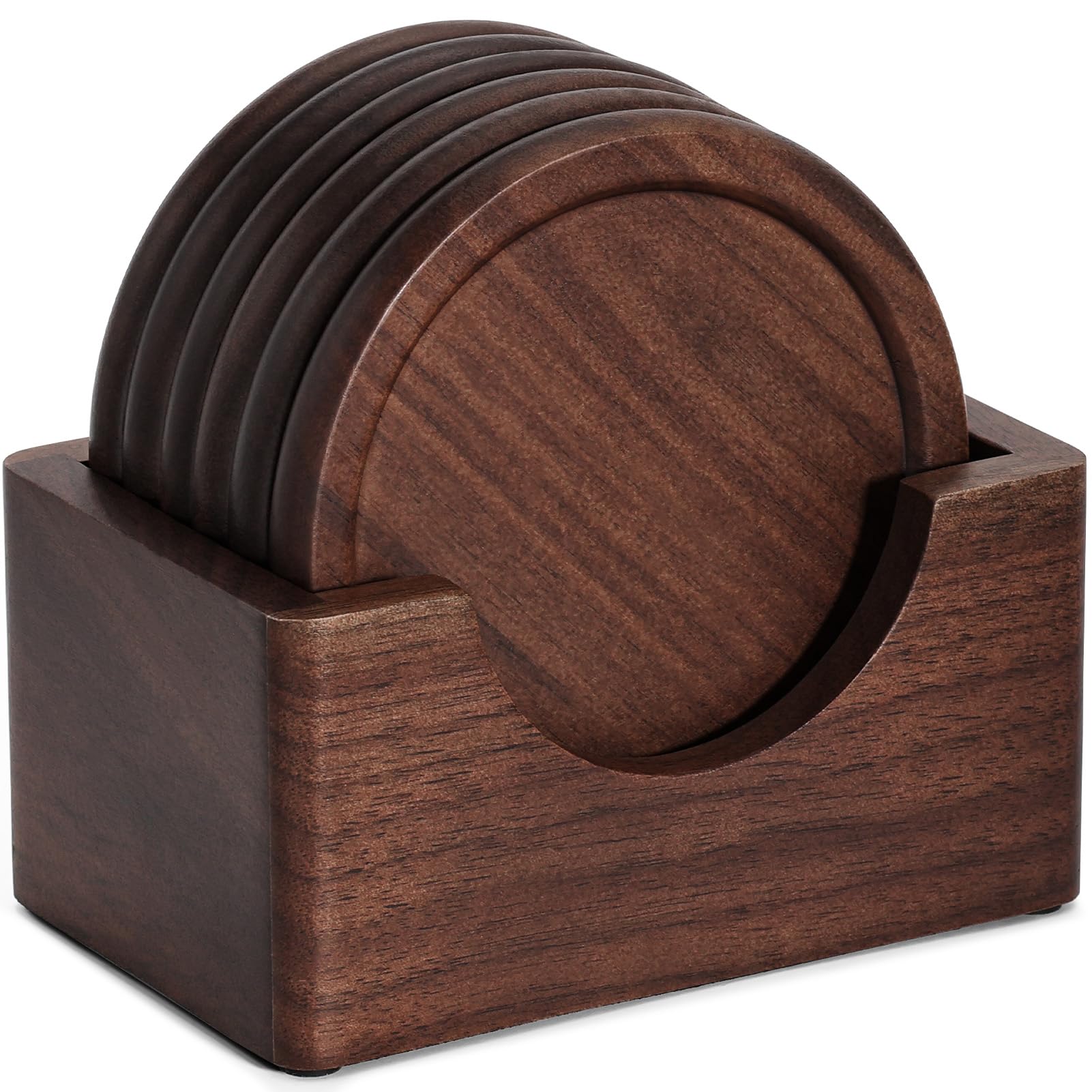 Photo 1 of Wood Coasters with Holder, GOH DODD Set of 6 Walnut Wooden Coaster Tabletop Protection for Drinks Coffee Table Home Kitchen Office Bar Living Room Decor Housewarming Gifts Wedding Party, 3.7 Inch