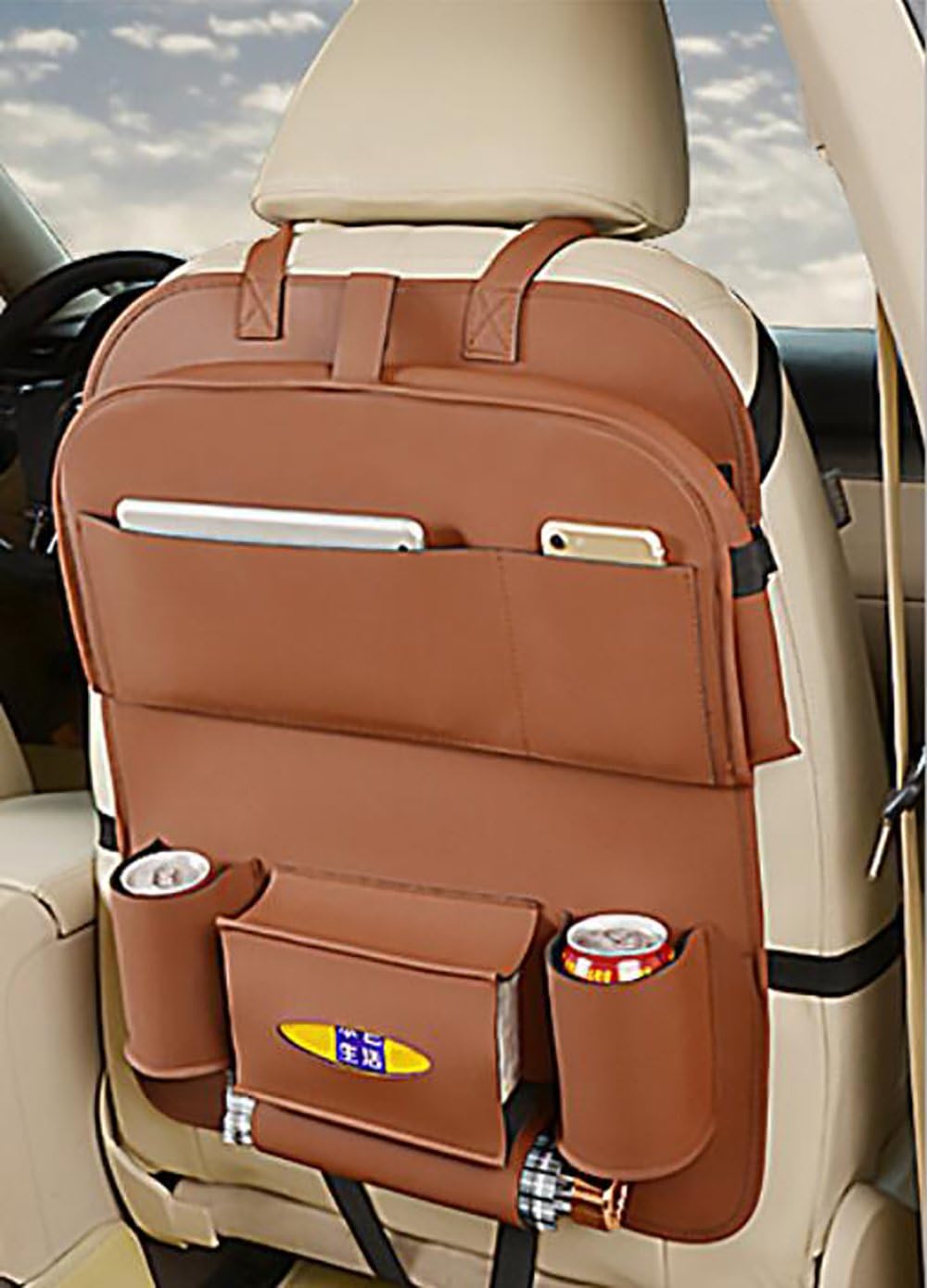 QXXZ Car Back Seat Organizer With Table Tray For Baby PU Leather Foldable Dining Table Desk Back Seat Tablet Ipad Holder Tissue Storage Bag Pockets For Kids Travel (1 Pcs),Brown
