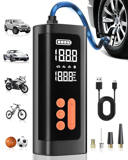 Tire Inflator Portable Air Compressor, Air Pump for Car Tires 3-150PSI Cordless,Tires Pump with Pressure Gauge, Auto Shutoff, Bike Pump for Cars, Motorcycles, Bikes, Balls & Car Accessories