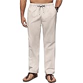COOFANDY Men's Casual Linen Pants Lightweight Summer Beach Pant Loose Fit Drawstring Elastic Waist Trousers