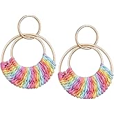 SELFWIMG Raffia Hoop Earrings for Women Fun Boho Summer Beach Earrings Lightweight Handmade Straw Wicker Rattan Dangle Earrings Statement Geometric Round Drop Earrings