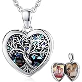 AOVEAO Tree of Life Locket Necklace in Sterling Silver with Picture Holder, Featuring Heart Family Tree Theme with Crushed Abalone - Heartwarming Gift Personalized Memorial Jewelry Ideal Family Keepsake for Women Her for Christmas Valentine's Day Thanksgiving