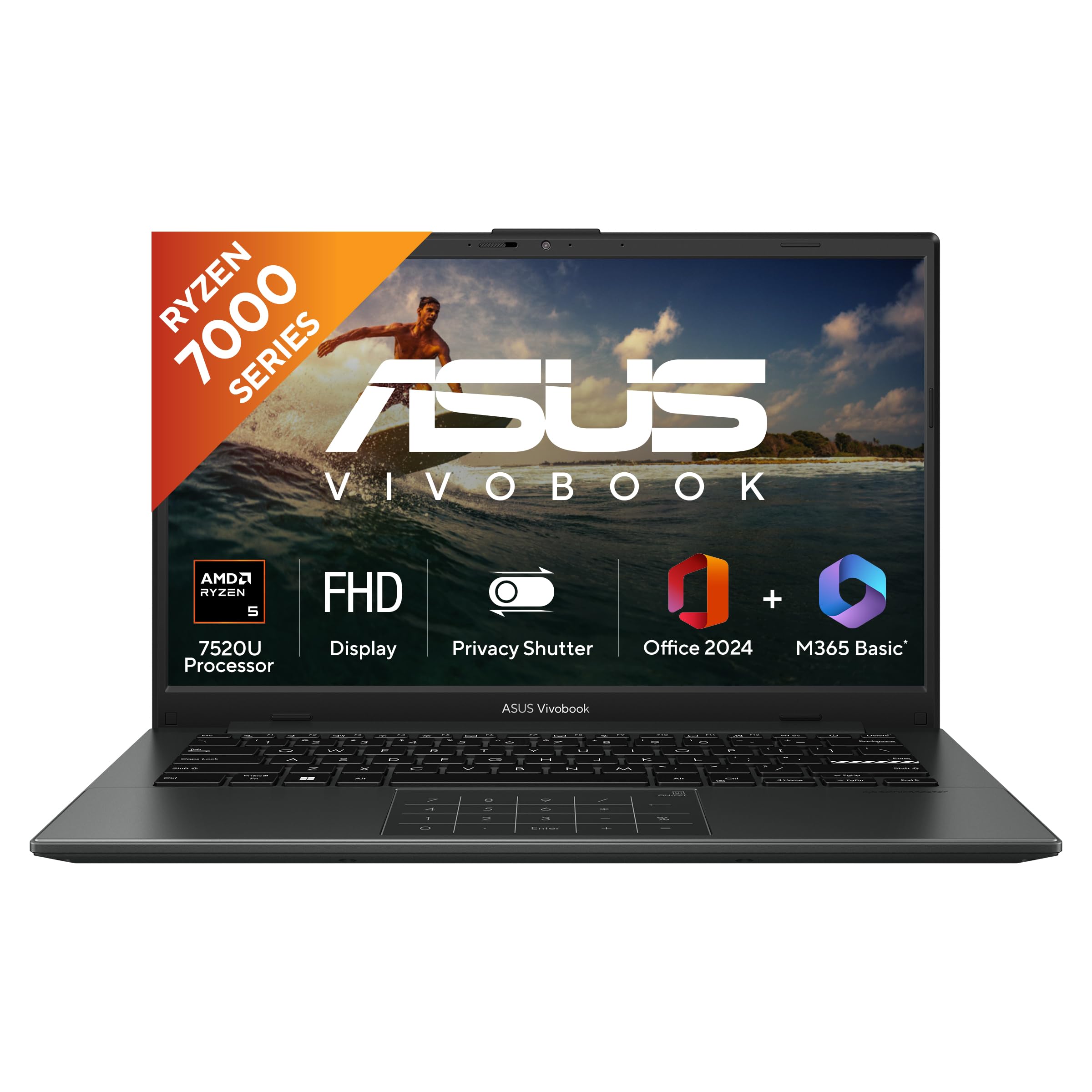 ASUS Vivobook Go 14, AMD Ryzen 5 7520U, 16GB RAM, 512GB SSD, FHD, 14", 60Hz,42WHrs, Windows 11, M365 Basic (1Year)*,Office Home 2024, Mixed Black, 1.38 kg, E1404FA-EB774WS, Thin & Light Laptop