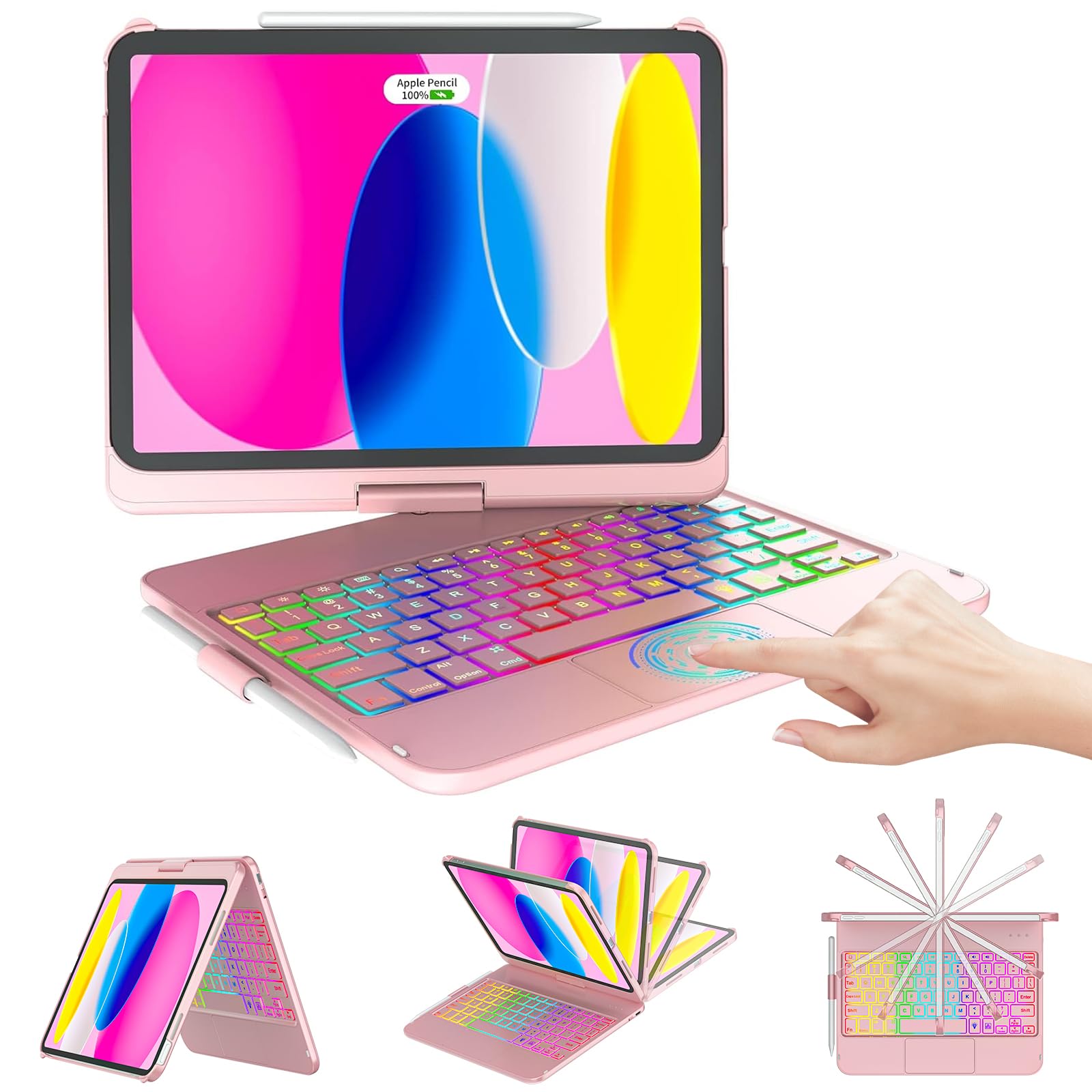Photo 1 of CC Store for iPad (A16) 11th 10th Generation Case with Keyboard - 7 Color Backlit 360° Swivel Multi-Touch Track Pencil Holde for iPad 11-inch A16 2025 10th Gen 10.9 Inch 2022(Rose Gold)