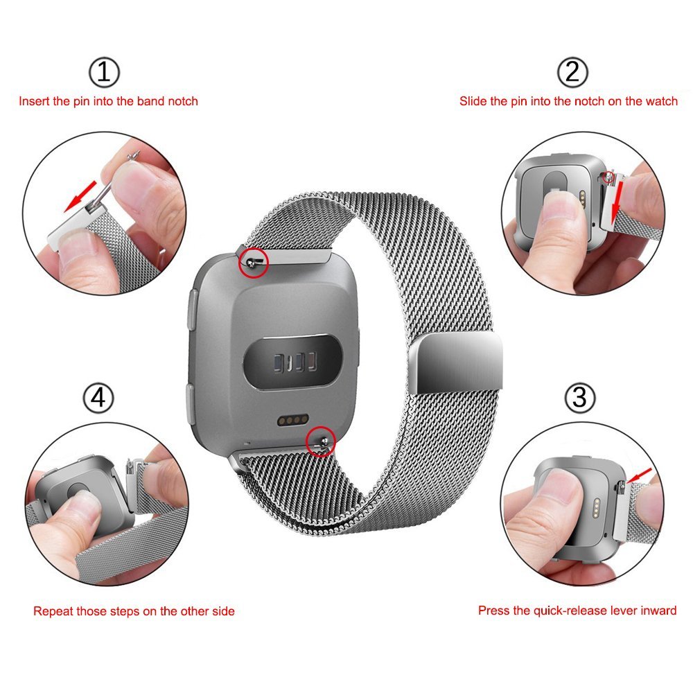 Mercase Fitbit Versa Armband[Prämie Edelstahl, Starkem Magnetverschluss, Atmungsaktivem Super Comfortable Milanese Loop]Smartwatch Verstellbarem Ersatzband Sports Armbänder Klein(5.5”-7.6”) Silber