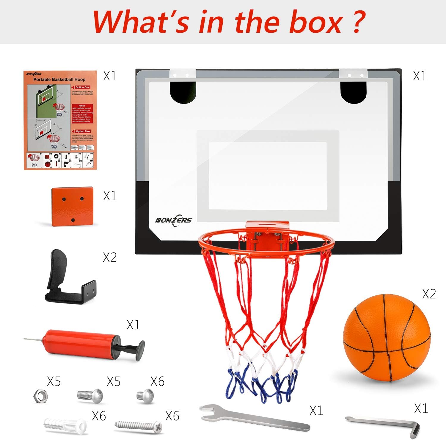 NONZERS Mini Basketball Hoop for Door & Wall, Indoor Mini Basketball Hoop Set for Home and Office Games, Includes 2 Mini Basketballs and Hand Pump, Mobile Mini-Hoop Gift for Kids Boys Girls: Toys & Games
