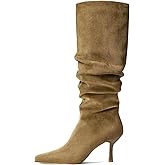 Lumeheel Knee High Boots for Women - Suede Ruched Women's Tall Boots with Pointed Toe Kitten Heel Pull On Zipper, Slouch Fashion for Fall Winter