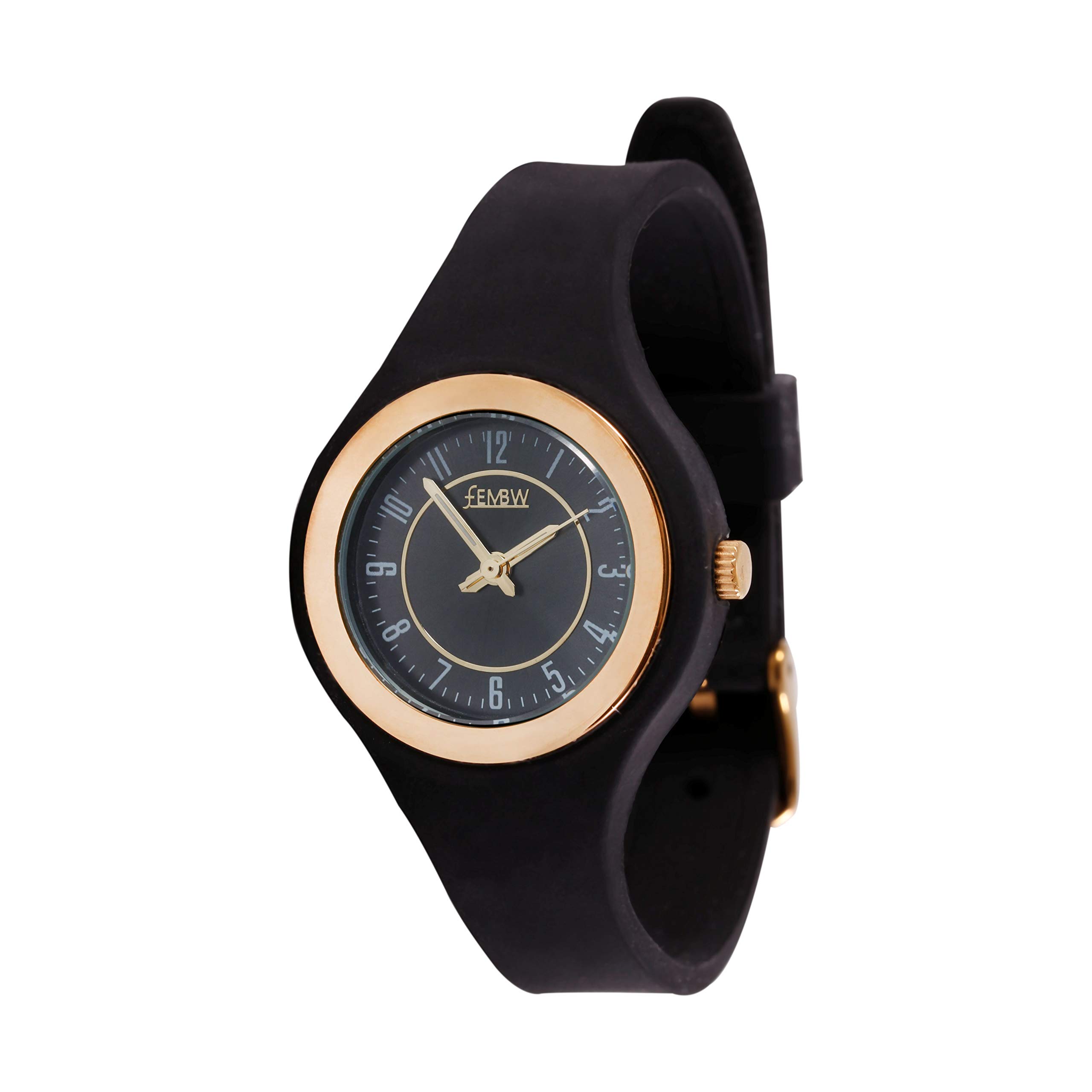 FEMBW Fashion Casual Analog Quartz Watch for Teenagers and Adults, Silicone Strap with Needle Buckle, Black, Bracelet