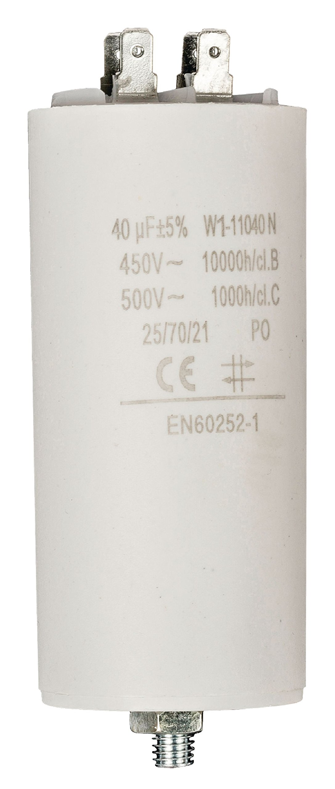 Invero Cylinder Shaped Run Motor Pump Capacitor 40.0uf - 450V Earthed - Dimensions: 50 x 107 mm - White