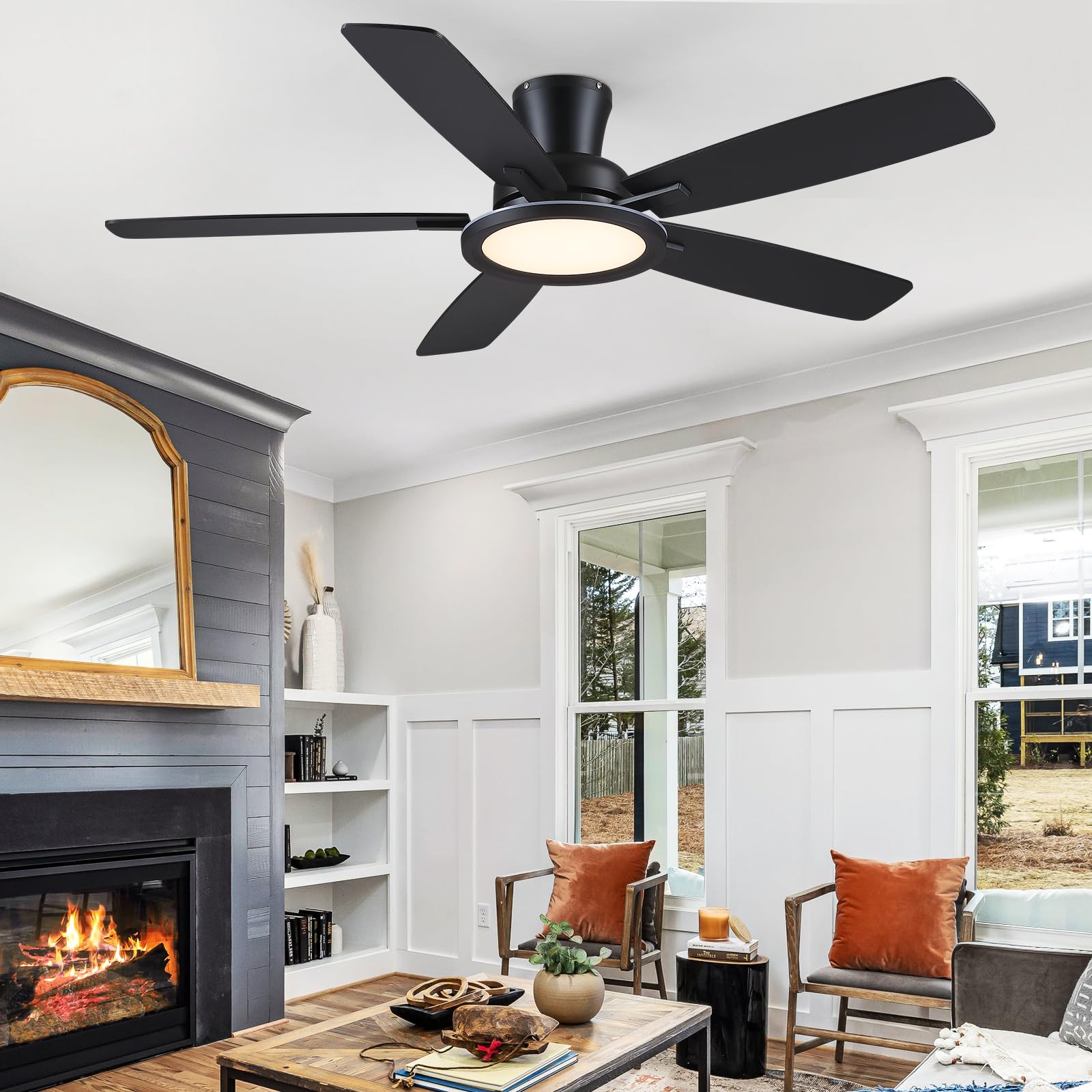 Flush Mount Ceiling Fan with RGB Light - 52In Black Ceiling Fan Light with Reversible Mute Motor, LED 3CCT Dimmable, Low Profile Modern Ceiling Fans for Indoor, Party, Covered Outdoor