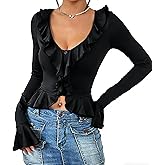 Women Going Out Tops Ruffle Trim Button Front Deep V-NeckFlared Sleeve Long Shirt Y2k Crop Top