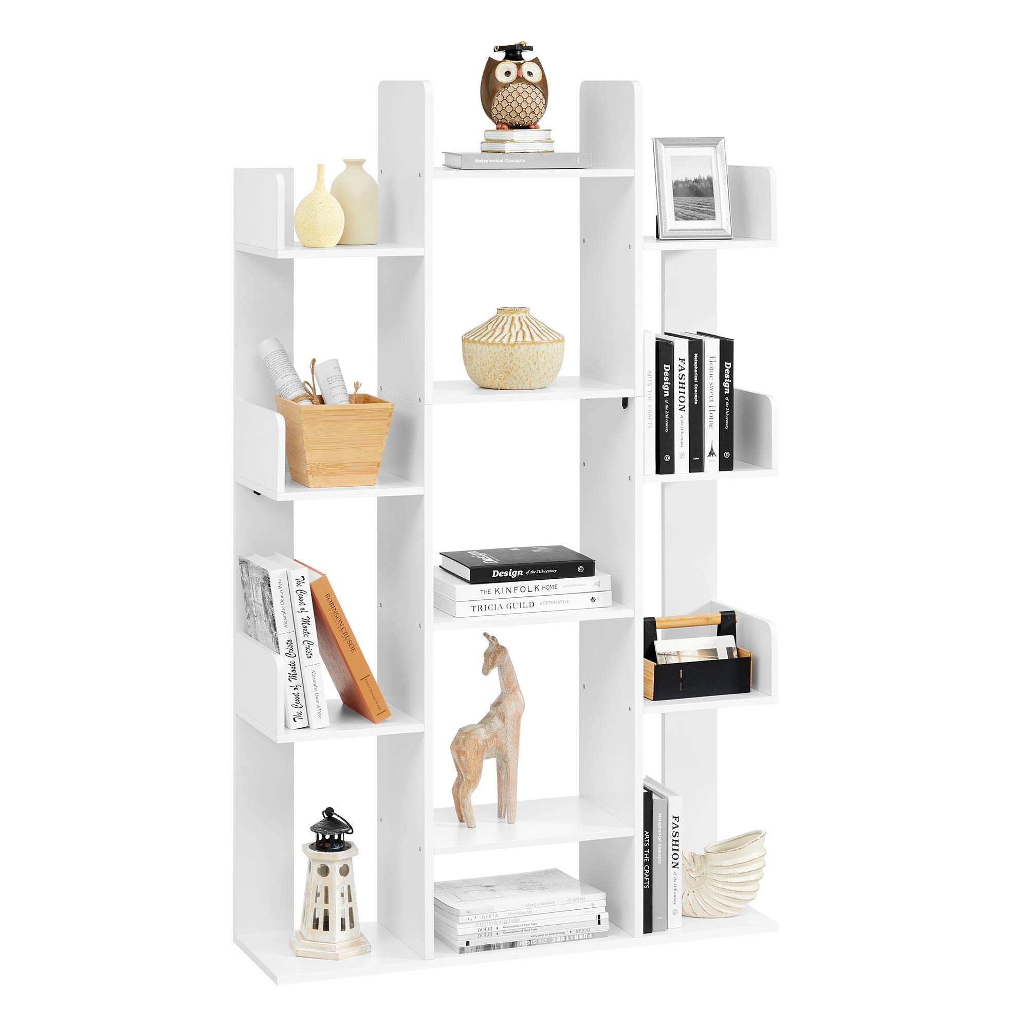 VASAGLE Bookshelf, Tree-Shaped Bookcase with 13 Storage Shelves, Rounded Corners, 9.8”D x 33.9”W x 55.1”H, White ULBC067W01