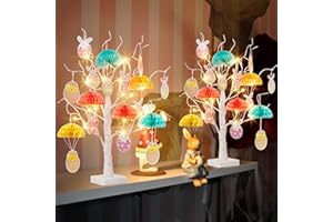 Vanthylit 2PK Easter Decorations, 24 Inch Lighted Easter Tree with Honeycomb Rabbit and Eggs Card, Battery Operated Birch Tree Tabletop Centerpiece Lights with Timer for Easter Home Decorations
