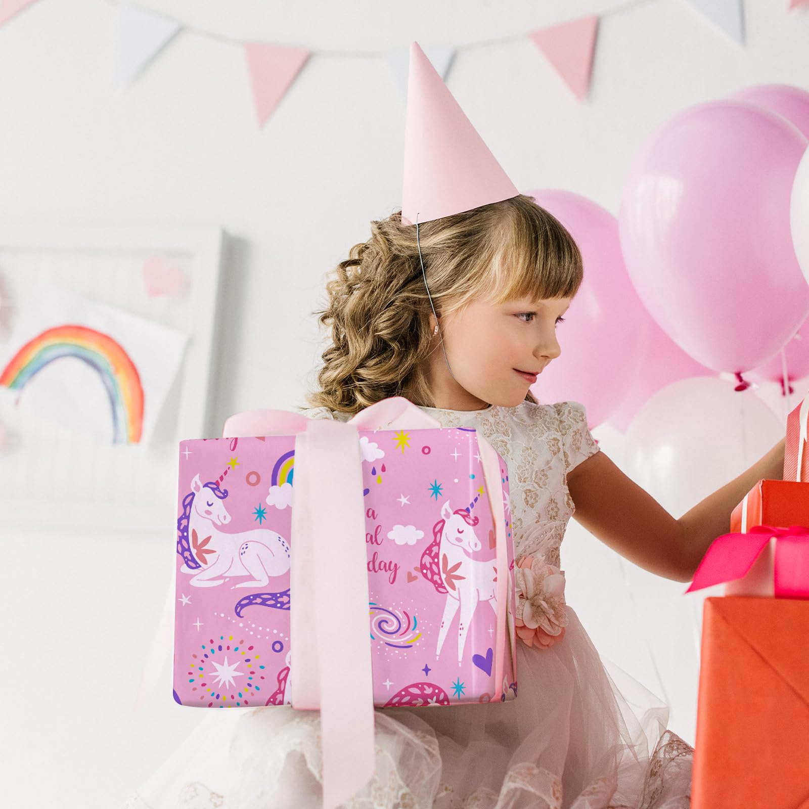 WRAPAHOLIC Pink Unicorn Birthday Wrapping Paper Roll - Mini Roll - 17 Inch x 9.8 Feet - Have a Magical Birthday Perfect for Girls, Baby Shower, Party, Holiday