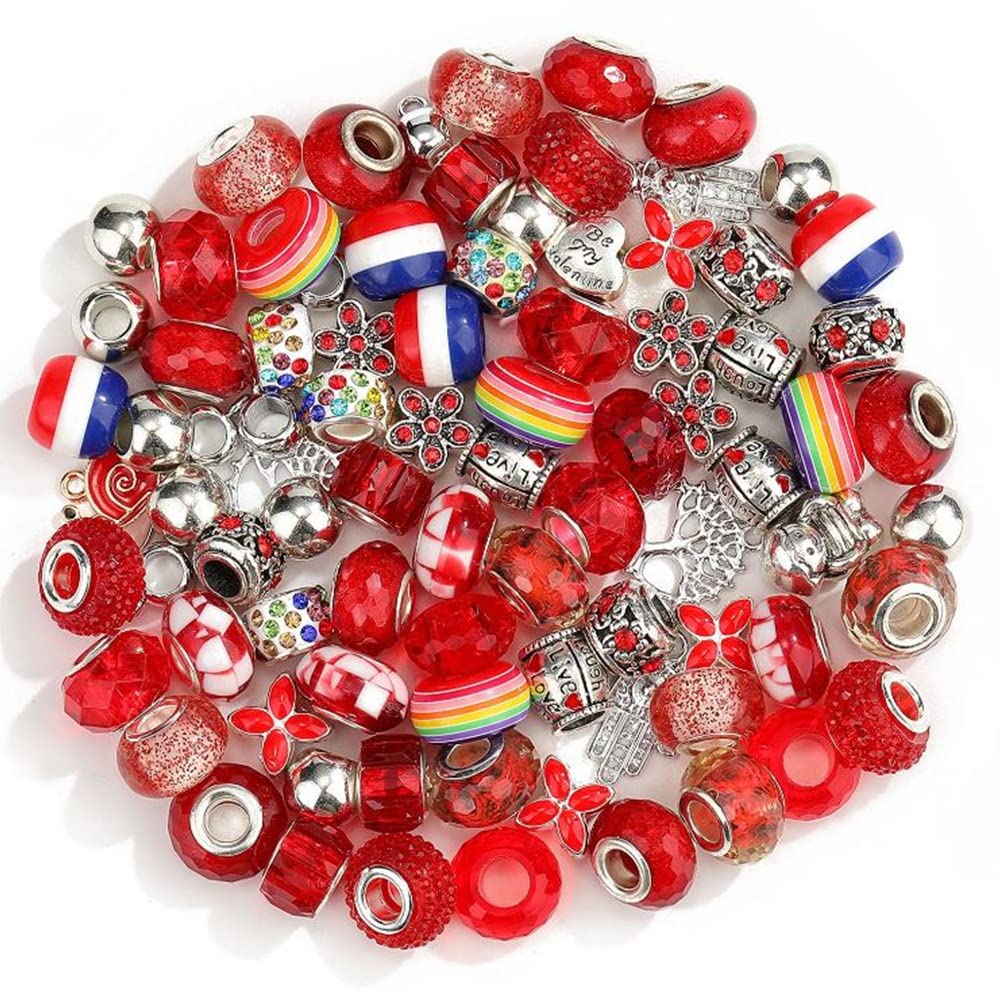 Photo 1 of 100 Pcs Various European Large Hole Glass Beads, Rhinestone Craft Beads for DIY Crafts Bracelet Necklace Jewelry Making (red)