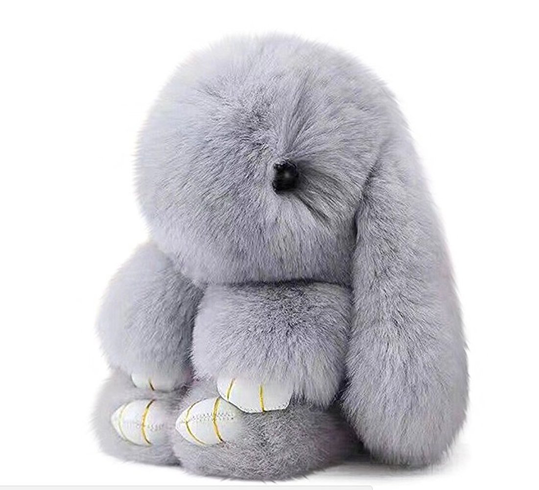 Bestowal Soft Fluffy Faux Fur Rabbit Doll Keychain Pendant (13cm, Light Grey)