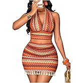 winkbay Women's 2 Piece Beach Vacation Outfits Striped Backless Halter Crop Top and Fringe Mini Skirt Set