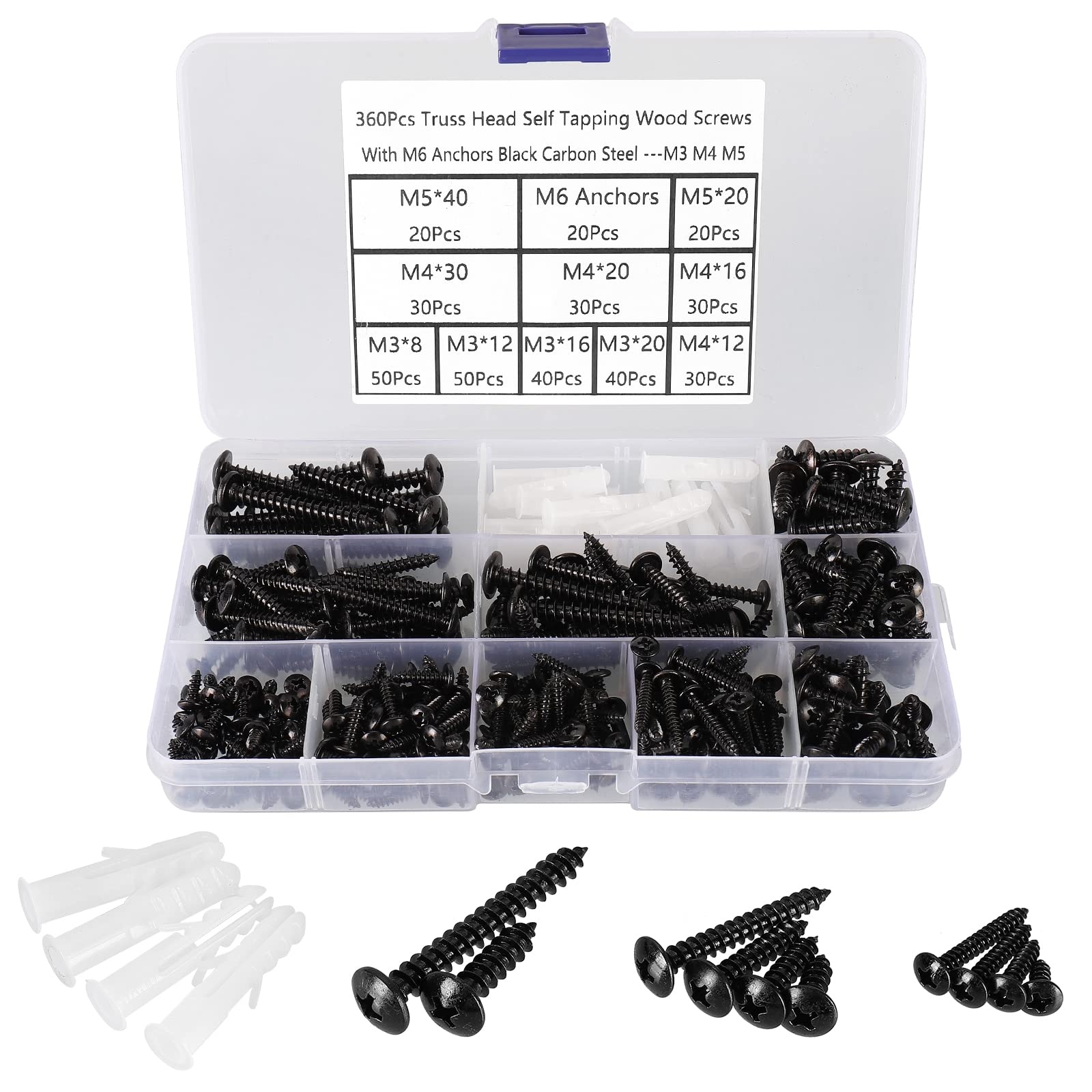 FandWay 360Pcs Self Tapping Screws Black,M3 M4 M5 Round Head Wood Screws Assortment,Mushroom Head Self Drilling Screw,Truss Head Sheet Metal Screw Phillips Drive for DIY WoodWork Repairs. — image 1
