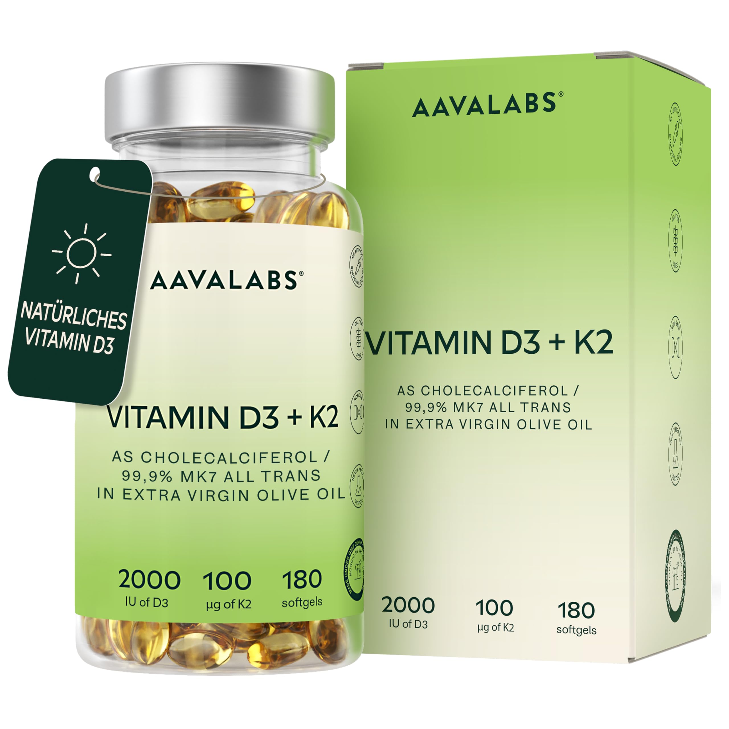 Vitamin D3 K2 hochdosiert mit nativem Olivenöl - Vitamin D 2000 IE + Vitamin K2 MK7 100μg - Sonnenvitamine Vitamin D K2 GMO-, gluten- und laktosefrei 180 Vitamin D3 K2 Kapseln hochdosiert
