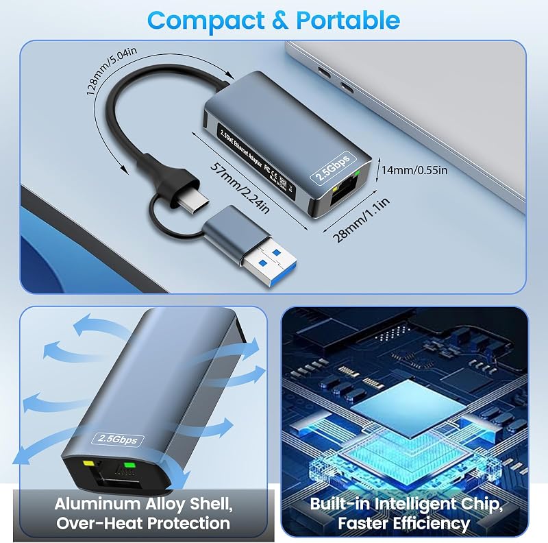 Adaptador USB C a Ethernet 2500Mbps,2 en 1 Adaptador USB Ethernet RJ45 2.5Gbps,adaptador ethernet,USb c eTHer net,eTherNet Usb c,aDaptador ether Net a USb c Compatible con Windows,Mac,IOS,Linux,Chrome — foto 5 de 6