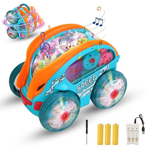 Edottbag Dynamic Gear-Powered Car with Led Lights,Toy Cars with Colorful Moving Gears, Suitable,Children's Transparent Luminous Toy Car for Children Aged 3+ Years (Charger+Screwdriver+3×AA Batteries)