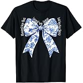 Blessed by God Loved by Jesus Blue Toile Coquette Bow T-Shirt