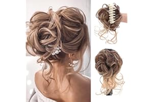 WZNBBOY Messy Bun Hair Piece Claw Clip Synthetic Chignon Tousled Updo with Tendrils Hair Extensions Hair Bun Curly Wavy Faux Hair Bun Hair Scrunchies Hair Accessories for Women (Brown Mix Light Brown)