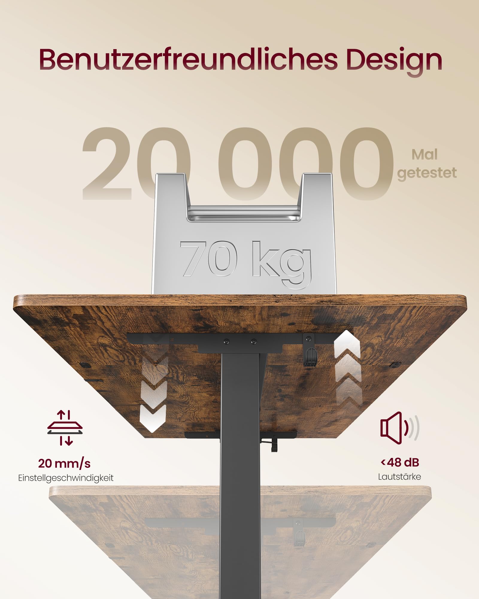 VASAGLE Höhenverstellbarer Schreibtisch, 160 x 80 cm, flexibel montierbarer Monitorständer, Schublade, USB-C-Anschluss, Erinnerung bei langem Sitzen, für Büro, vintagebraun LSD156KD01 8