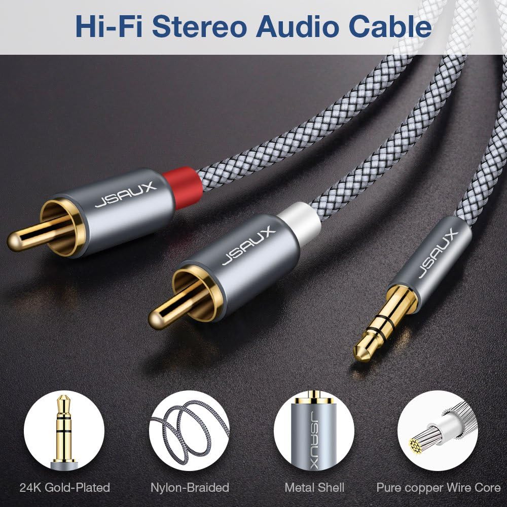 JSAUX RCA Cable, [6.6ft/2M, Dual Shielded Gold-Plated] 3.5mm Male to 2RCA Male Stereo Audio Adapter Coaxial Cable Nylon Braided AUX RCA Y Cord for Smartphones, MP3, Tablets, Speakers, HDTV [Grey]: Industrial & Scientific