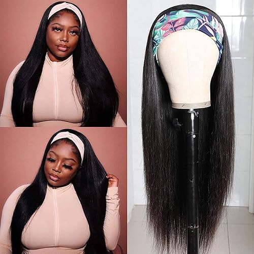 Straight Headband Human Hair Wig for Black Women Glueless None Lace Front Machine Made Brazilian Virgin Hair Wigs 150% Density(14, Nature Of Black)