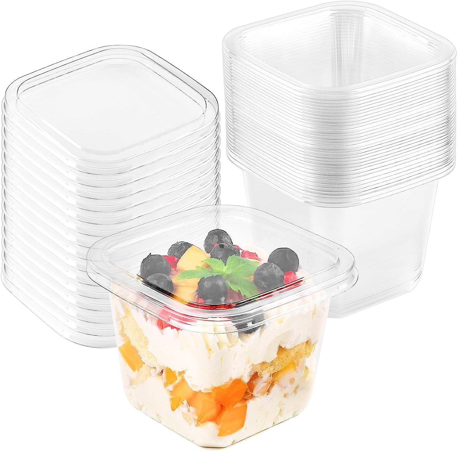 LATERN 50Pcs Plastic Dessert Cups with Lids, 360ml Square Dessert Cups Clear Parfait Appetizer Cup Reusable Serving Bowl with Lids for Dessert Pudding Mousse Party (10cm x 7.5cm)