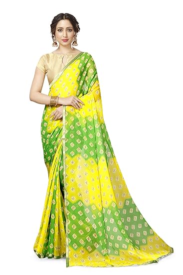 Divaastha Womens Georgette Chiffon Blend Checkered Saree with Blouse Piece (Yellow Green)