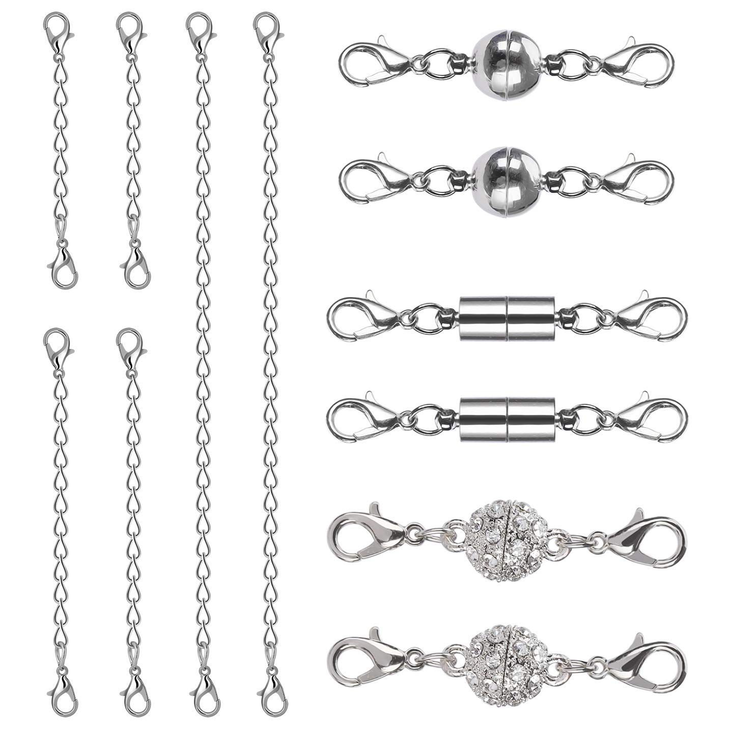 Magnetic Clasps and Chain Extender Set Rhinestone Ball Cylindrical and Ball Tone Style Lobster Clasps for Necklace Bracelet Jewelry Making 12 Pieces (Silver)