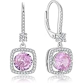 Oskani Square Shaped Dangle Drop Earrings for Women, 925 Sterling Silver 5A Cubic Zirconia Leveback Ruond Birthstone Earrings for Hypoallergenic Jewelry Gifts for Her