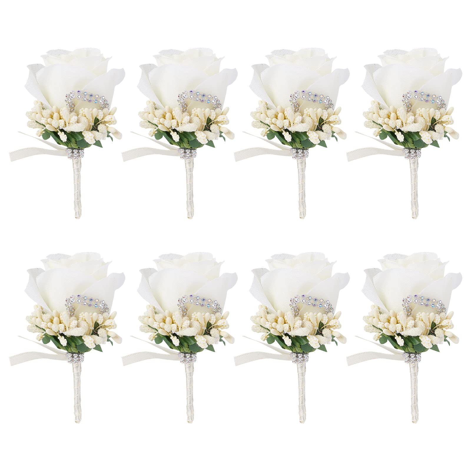 CRASPIRE Boutonnieres for Men Wedding Corsage Set of 8 White Rose Groom Boutonniere with Rhinestone for Groom and Best Man for Wedding Party Prom Anniversary Bride Bridesmaid Groomsmen