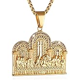 AsAlways Stainless Steel Gold Plated Lord's Supper Cubic Zirconia Last Supper Jesus with His Disciples Pendant Necklace for Men Hip Hop Jewelry