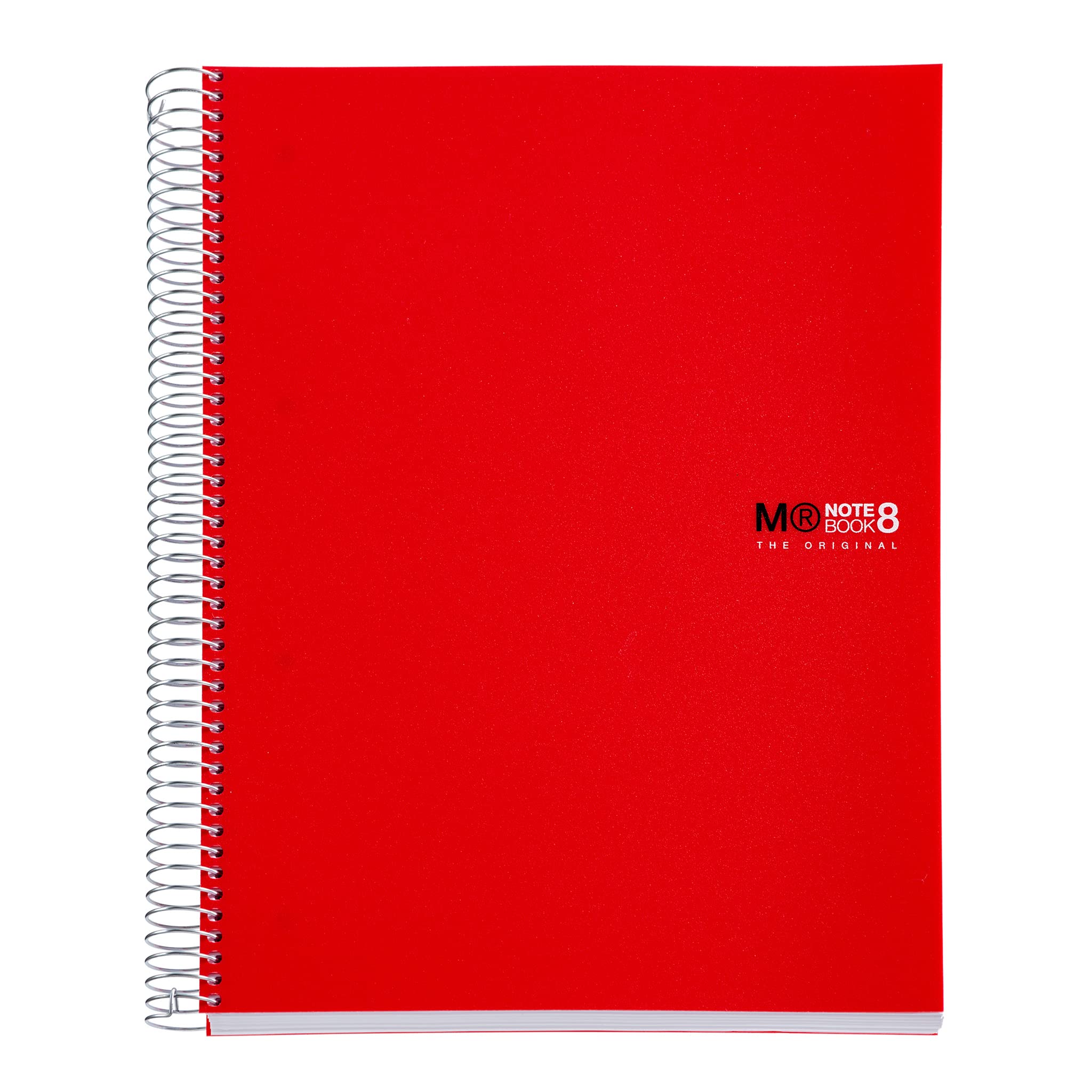 Miquelrius - The Original Notebook Notebook, 8 Coloured Stripes, Opaque Polypropylene Cover, A4 Size (210 x 297 mm), 4 Drills, 200 Sheets of 70 g/m², 5 mm Grid, Red