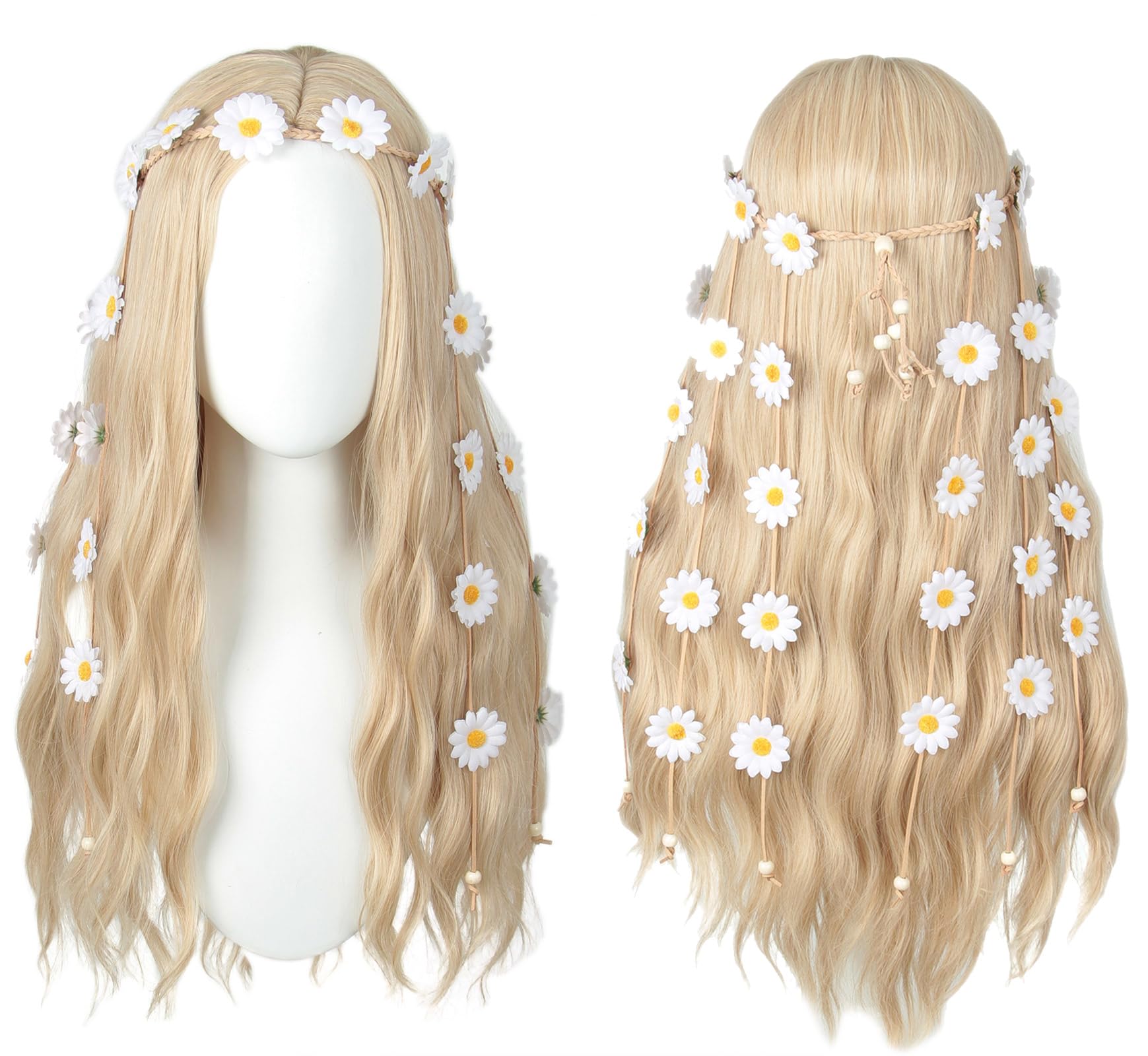 Linfairy 70s Long Blonde Wavy Hippie Wigs with Sunflower Headband Halloween Cosplay Costume Wig for Women