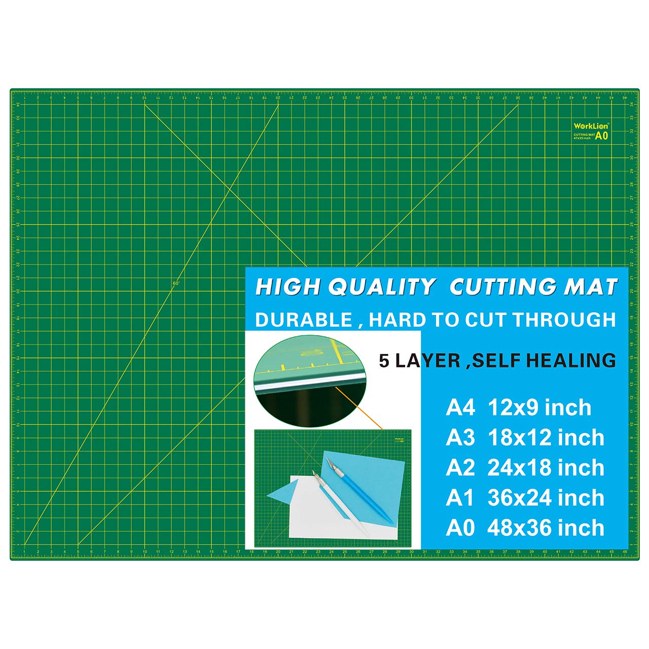 WorkLion 36" x 48" Self Healing Cutting Mat: Double Sided 5-Ply Non-Slip - Professional for Scrapbooking & Quilting & Sewing & Arts & Crafts Project (Green)