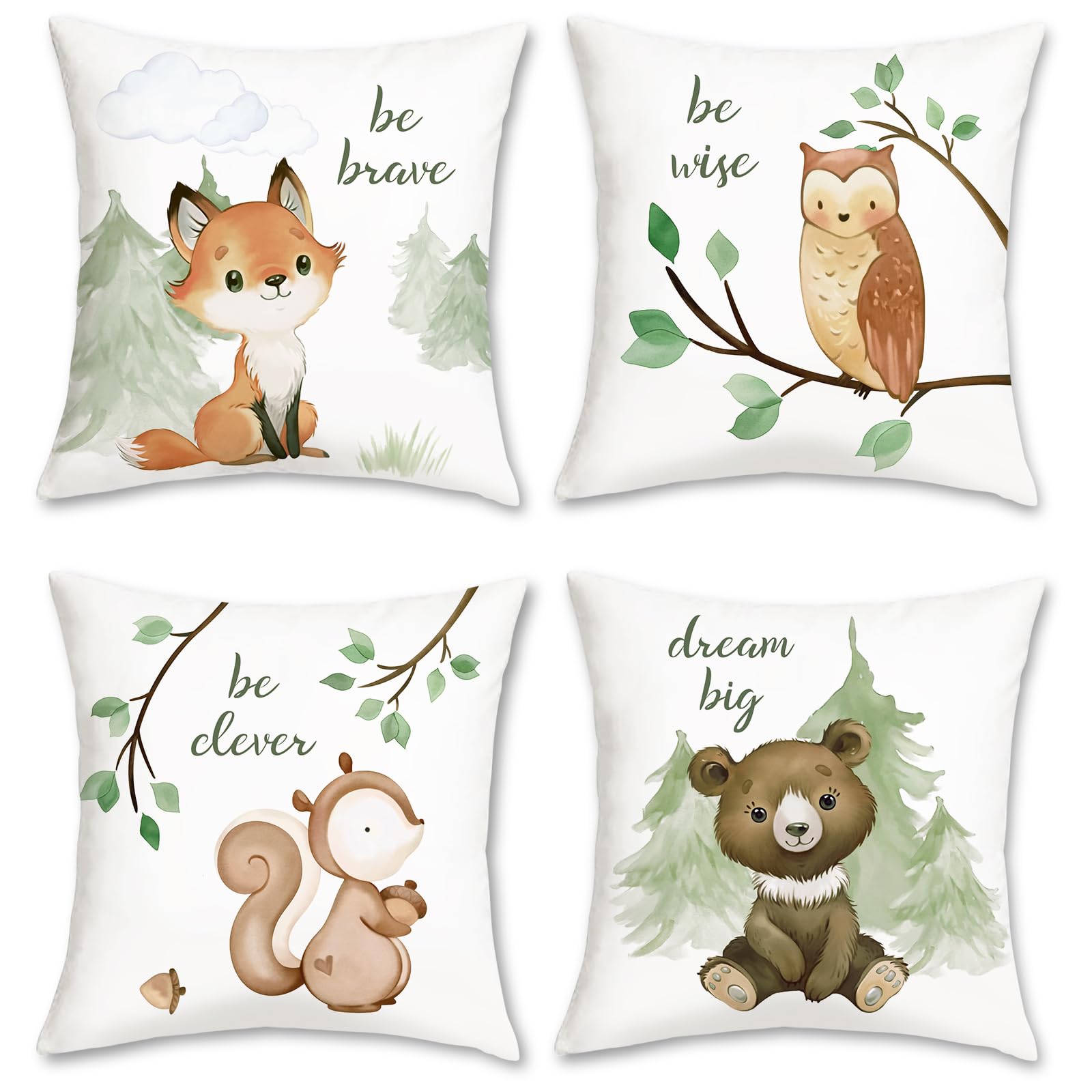 Bonhause Forest Animals Cushion Covers 45 x 45 cm Fox Bear Squirrel Owl Decorative Throw Pillow Covers for Kids Soft Velvet Pillowcases for Sofa Baby Nursery Room Decor Set of 4
