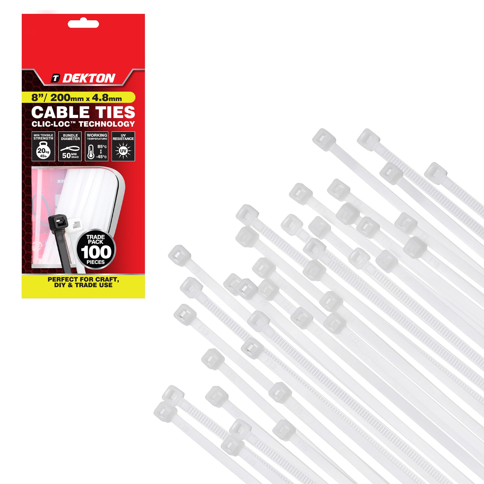 Dekton 100PC Cable Tie Set - 4.8MM X 200MM White | Heavy Duty Industrial Strength | High Temperature Resistant | Self-Locking Teeth | Ideal for Cables, Piping, Gardening & Wires | Indoor & Outdoor Use