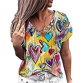 Cute Heart Graphics T-Shirt Women Valentines Shirt Colorful Dye Love Printed V-Neck Short Sleeves Retro Tee Top