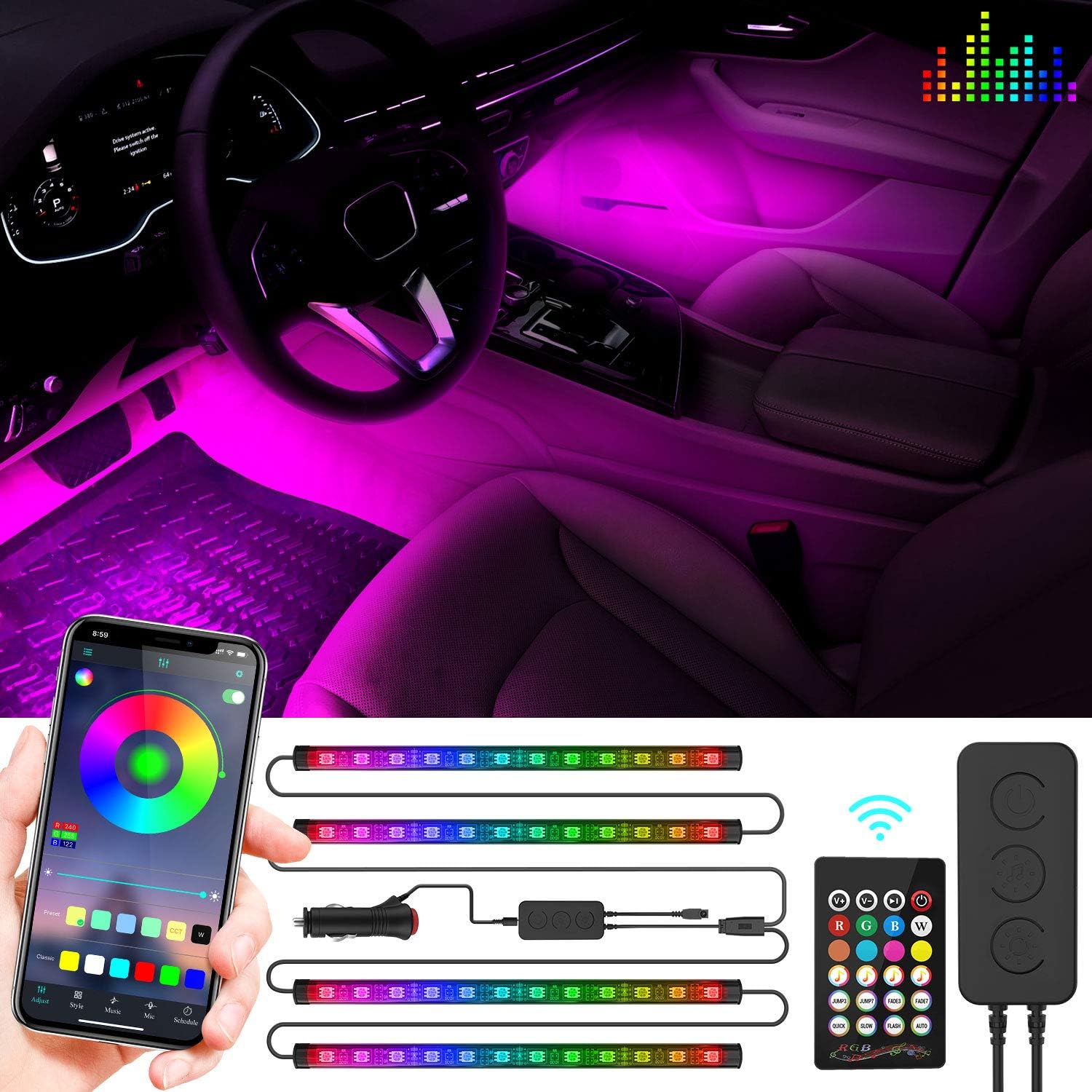 WEISIJI Car LED Strip Light,APP Controller Car Interior Lights,4Pcs 48 LEDs Lighting Kits, Multi DIY Color Music Under Dash Car Lighting with Car Charger, DC 12V: Automotive