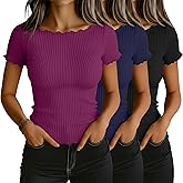 Riyiper 3 Pack Women's Boat Neck Ribbed Tops Lettuce Trim Short Sleeve T-Shirts Crop Fitted Summer Basic Tees Shirt