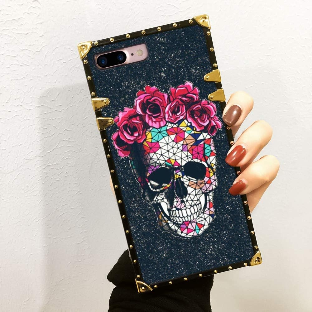 Sugar Skull Red Rose Square Case for iPhone 7 Plus, iPhone 8 Plus Soft TPU Wrapped Edges and Hard PC Back Stylish Classic Retro Case