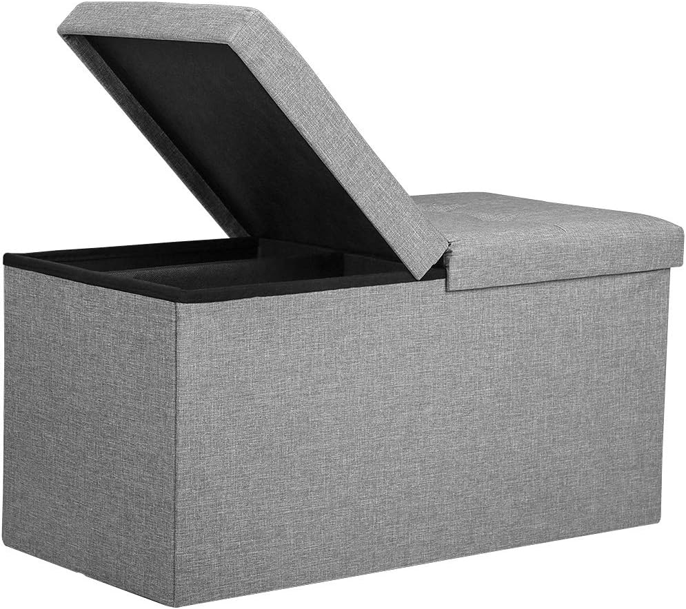 LANGRIA 80L Ottoman Storage Box Footstool 76 x 38 x 38 cm, Folding Storage Bench with Flipping Tufted Lid, MDF Frame Shoe Bench Toy Box, Maximum capacity 181 kg, Grey
