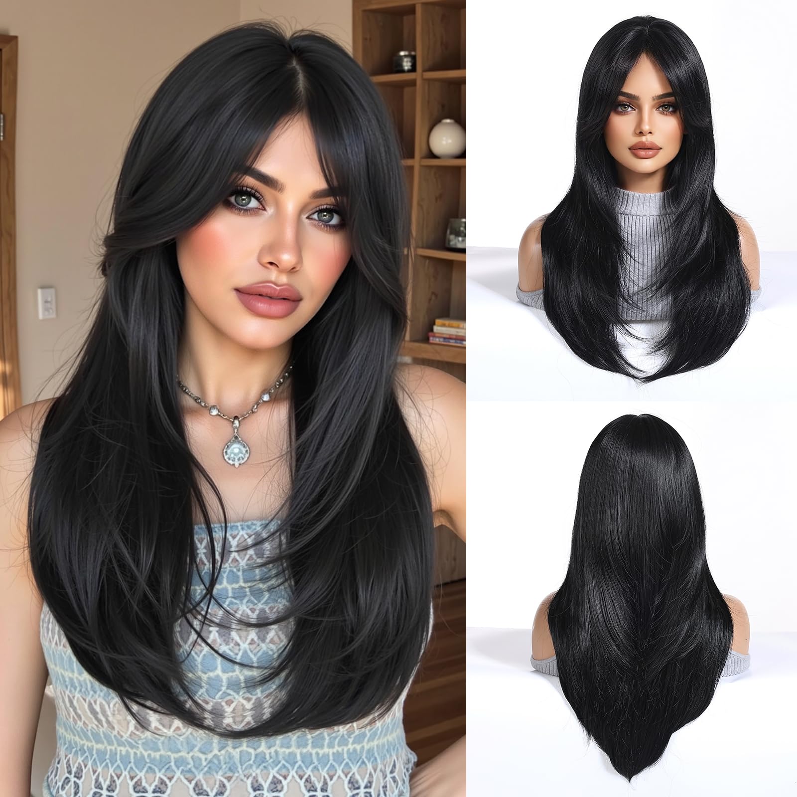 Esmee Long Straight Black Wigs for Women Synthetic Layered Brunette Synthetic Hair Wig with Fringe for Daily Party Cosplay Use-24 Inches — image 1