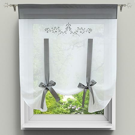 HongYa Halbtransparente Bindegardine Tunnelzug Raffrollo Kleinfenster Gardine mit Stickerei H/B 140/100 cm Grau