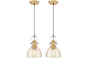 Audickic 2 Pack Pendant Lights Kitchen Island, Farmhouse Pendant Lighting with Amber Seeded Glass Shade, Vintage Hanging Light Fixtures for Dining Room, Gold Wood Paint Finish, AD-22151-1P2-OR
